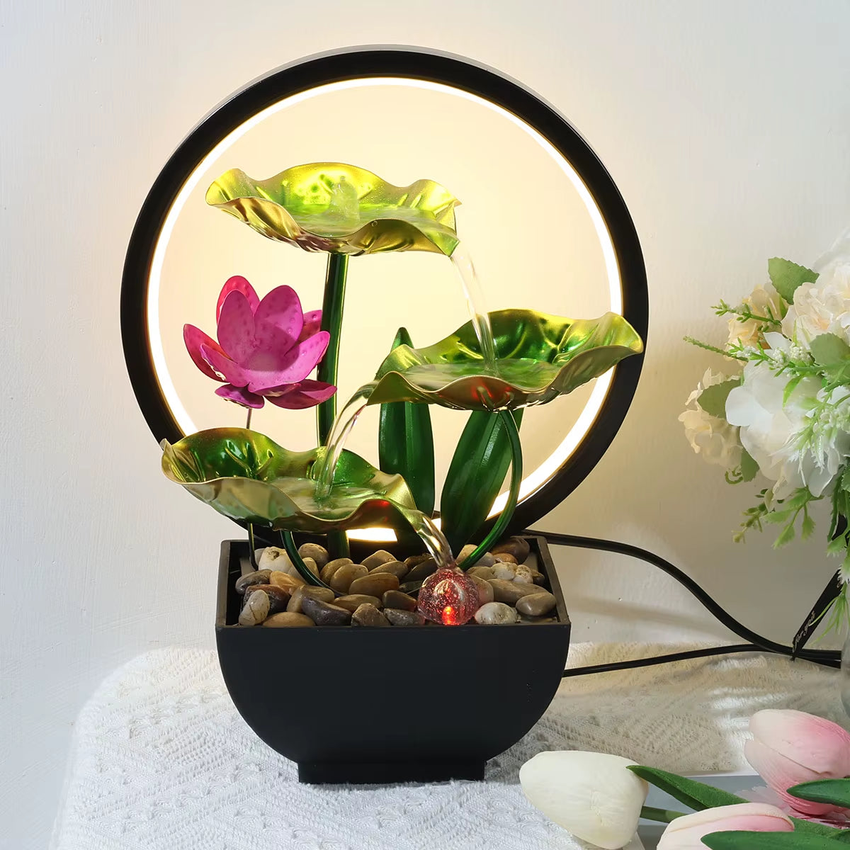 LED Tabletop Lotus Waterfall Fountain