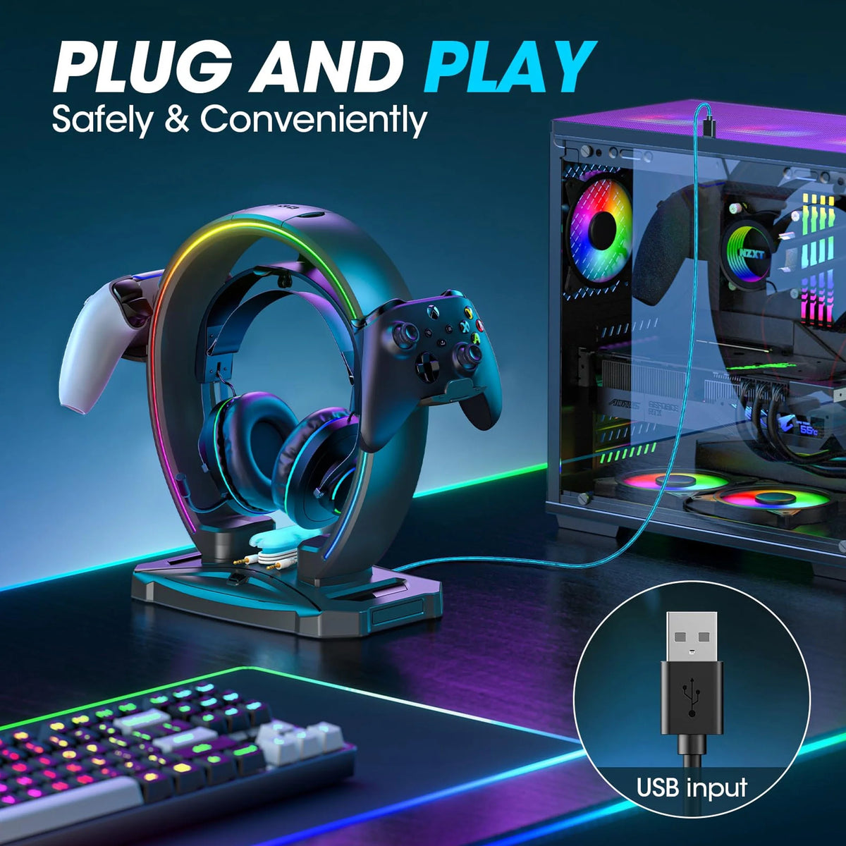 RGB Gaming Headphone Stand and Controller Holder with Cable Organizer