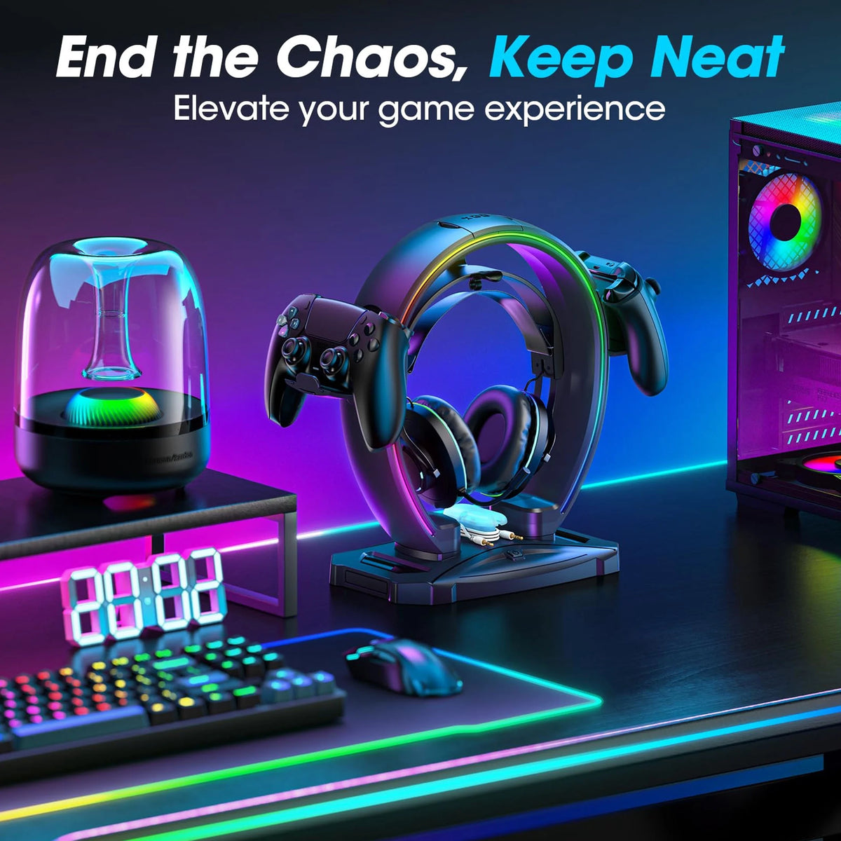 RGB Gaming Headphone Stand and Controller Holder with Cable Organizer