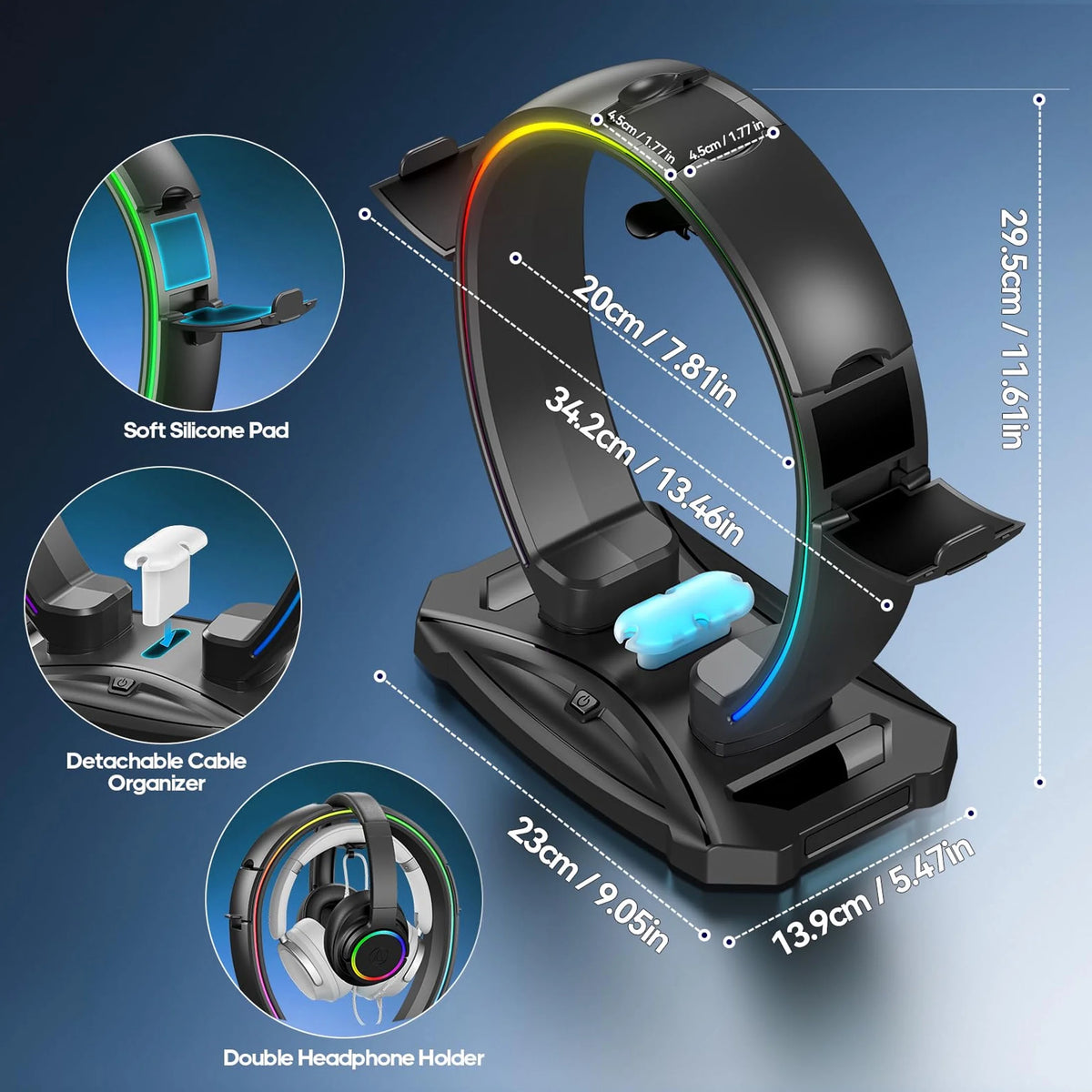 RGB Gaming Headphone Stand and Controller Holder with Cable Organizer