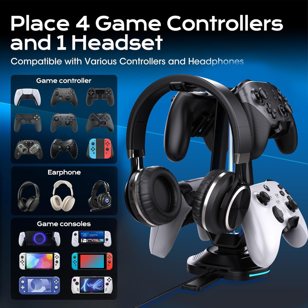 RGB Headset Stand with USB Charging Ports & Controller Hook