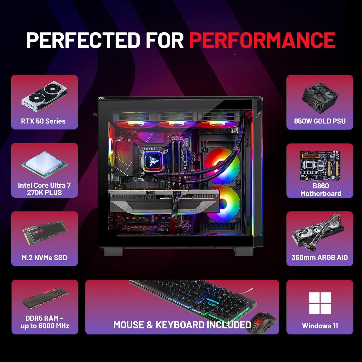 Skytech Gaming King 95 Gaming PC, Intel Ultra 7 270K plus 5.4Ghz, NVIDIA RTX 5080 16GB VRAM, 1TB Gen4 Nvme SSD, 32GB DDR5 RAM 6000, 850W Gold ATX 3 PSU, 360 ARGB AIO, Wi-Fi 6, Windows 11, Desktop
