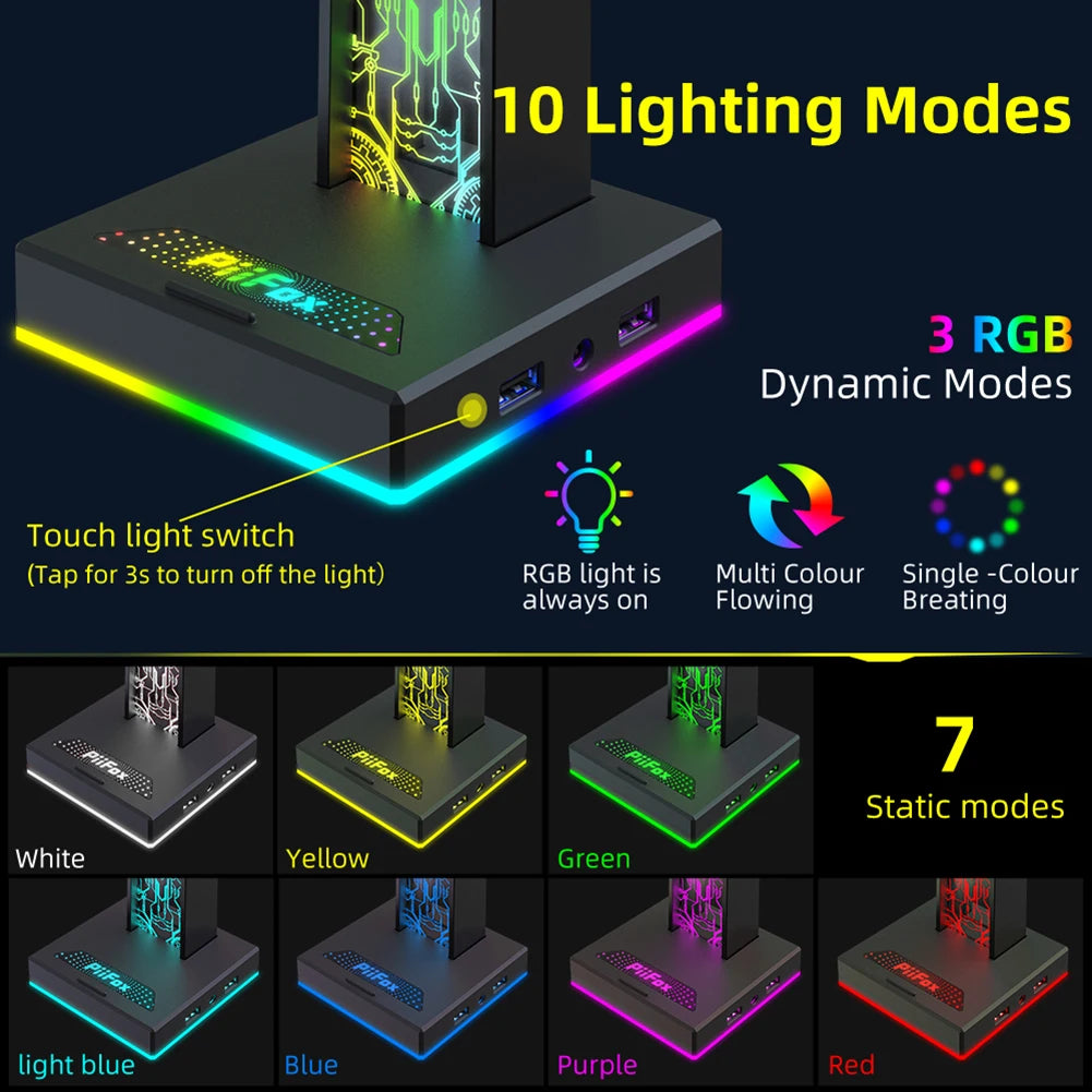 RGB Gaming Headphone Stand - 10 Lighting Modes with USB Ports