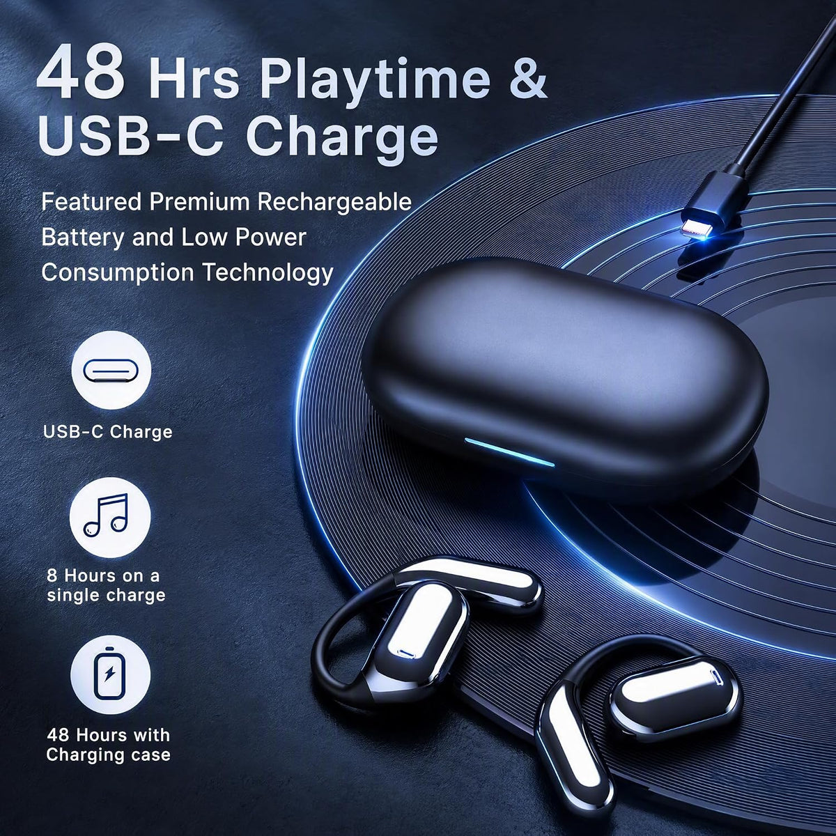 Wireless Bluetooth Earbuds - LED Display, Open Ear Hooks