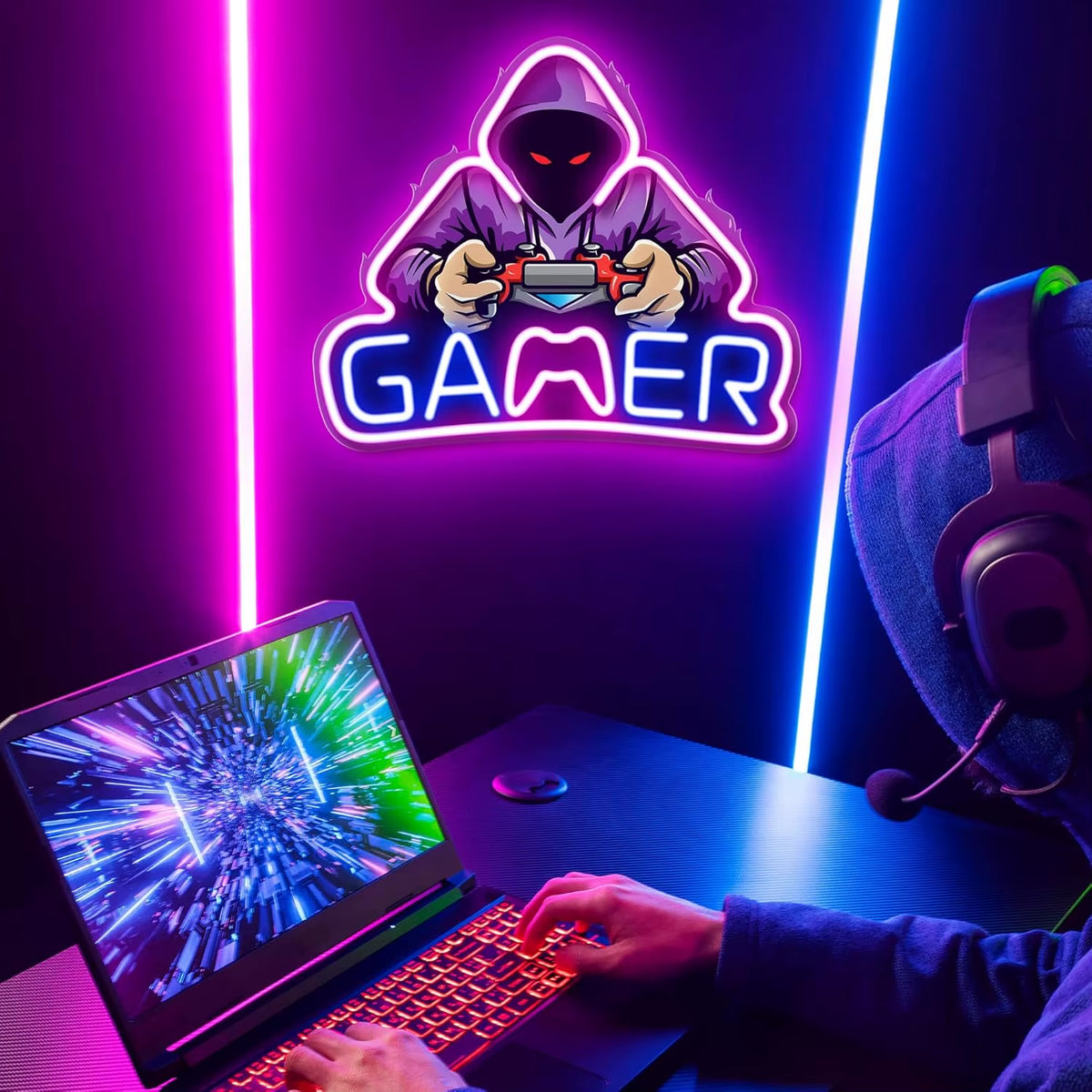 GAMER Neon Sign with Hooded-Player Art (LED, USB)