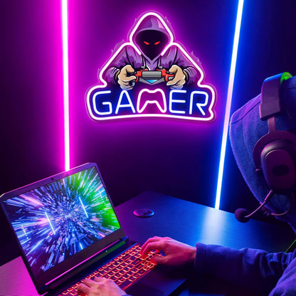 GAMER Neon Sign with Hooded-Player Art (LED, USB)