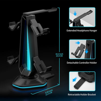 RGB Headset Stand with USB Charging Ports & Controller Hook