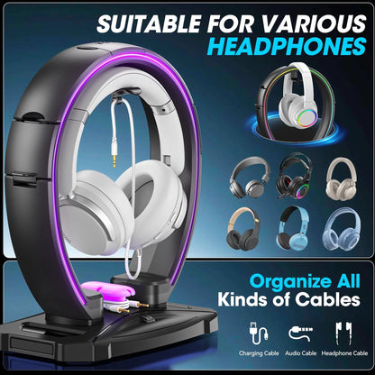 RGB Gaming Headphone Stand and Controller Holder with Cable Organizer