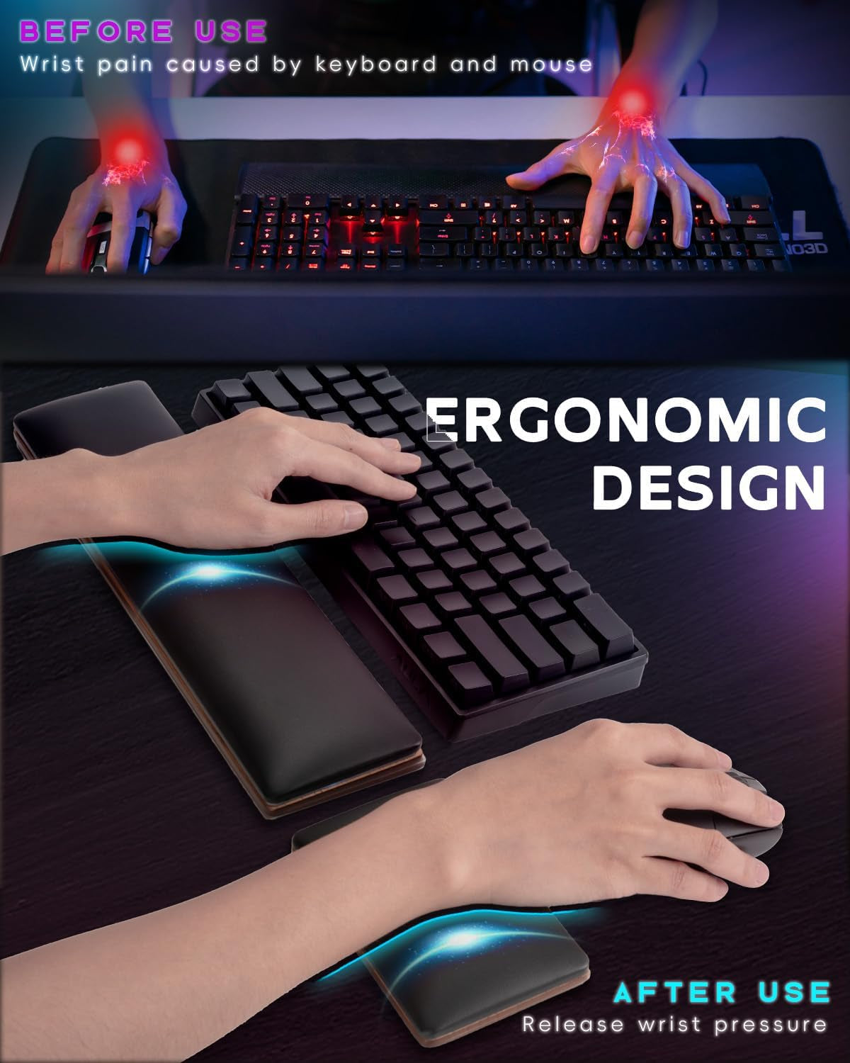 RGB Keyboard and Mouse Wrist Rest Set for 60%-75% Compact Keyboards