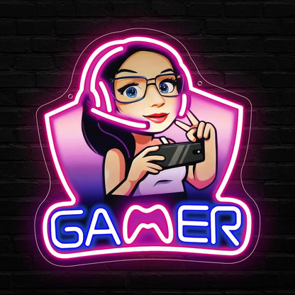 GAMER Neon Sign with Hooded-Player Art (LED, USB)