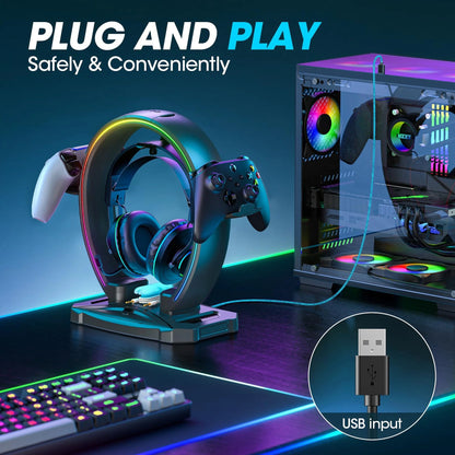 RGB Gaming Headphone Stand and Controller Holder with Cable Organizer
