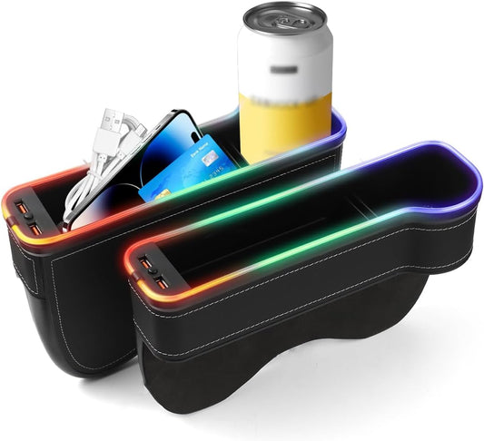 RGB LED Car Seat Gap Organizer with Cup Holders and USB Chargers (2 Pack)