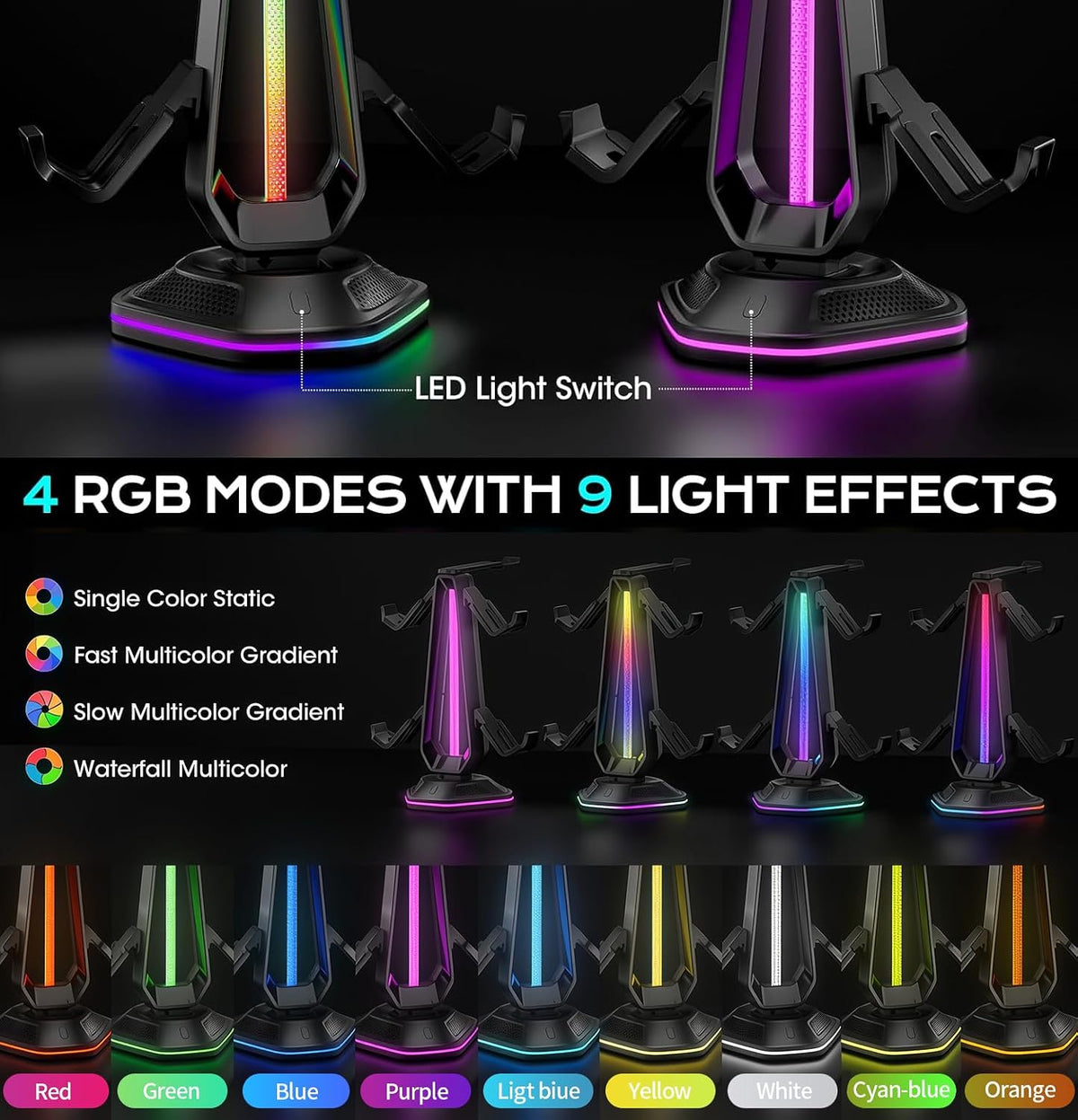 RGB Headset Stand with USB Charging Ports & Controller Hook