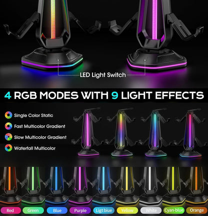 RGB Headset Stand with USB Charging Ports & Controller Hook