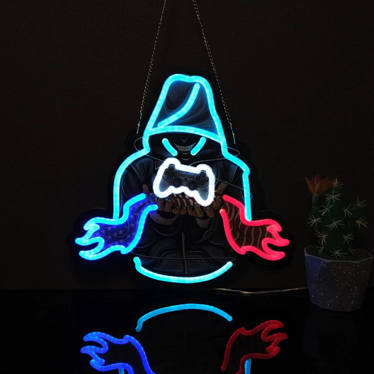 GAMER Neon Sign with Hooded-Player Art (LED, USB)