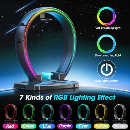 RGB Gaming Headphone Stand and Controller Holder with Cable Organizer