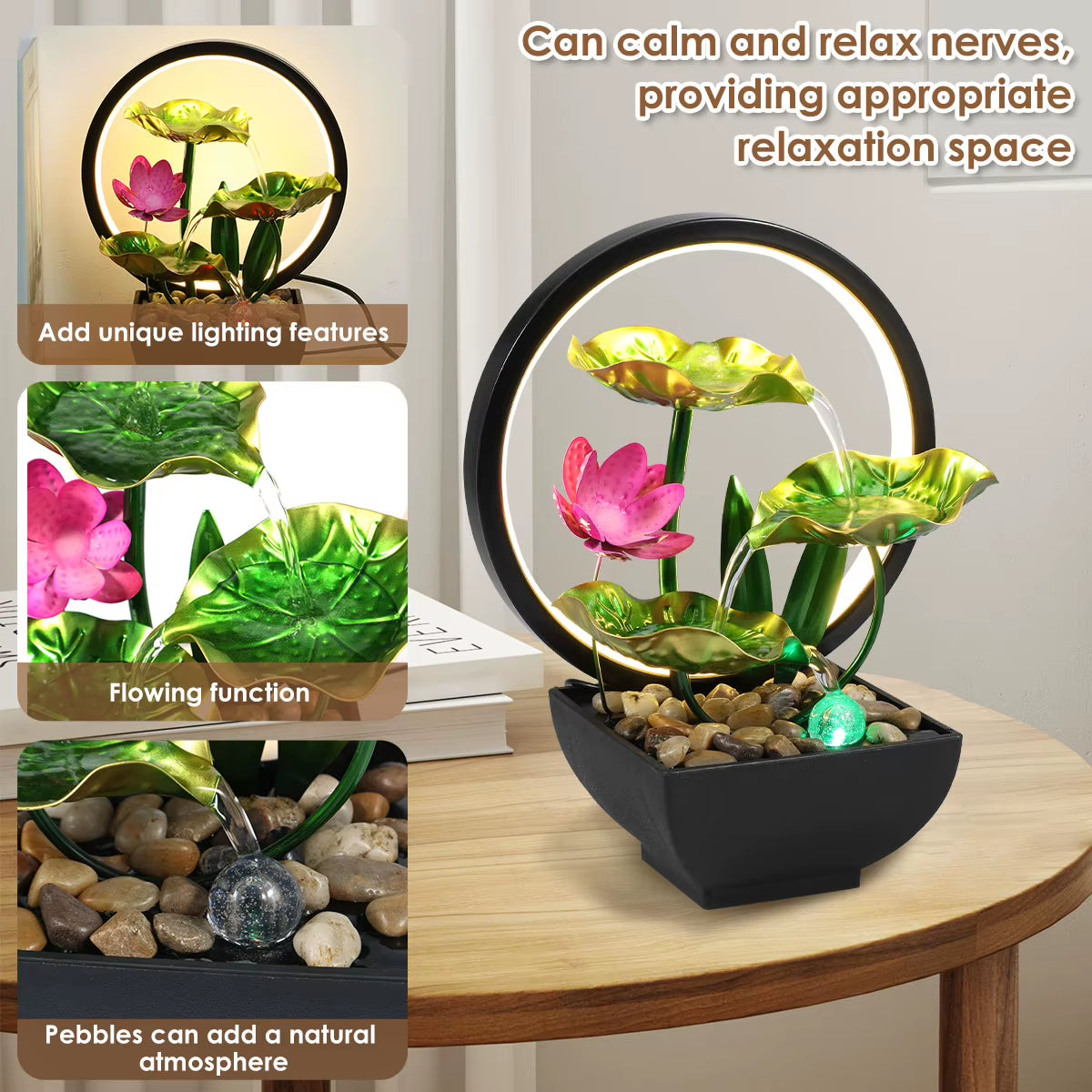 LED Tabletop Lotus Waterfall Fountain