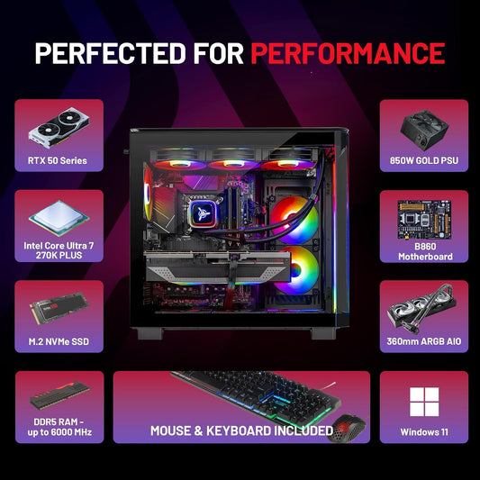 Skytech Gaming King 95 Gaming PC, Intel Ultra 7 270K plus 5.4Ghz, NVIDIA RTX 5080 16GB VRAM, 1TB Gen4 Nvme SSD, 32GB DDR5 RAM 6000, 850W Gold ATX 3 PSU, 360 ARGB AIO, Wi-Fi 6, Windows 11, Desktop