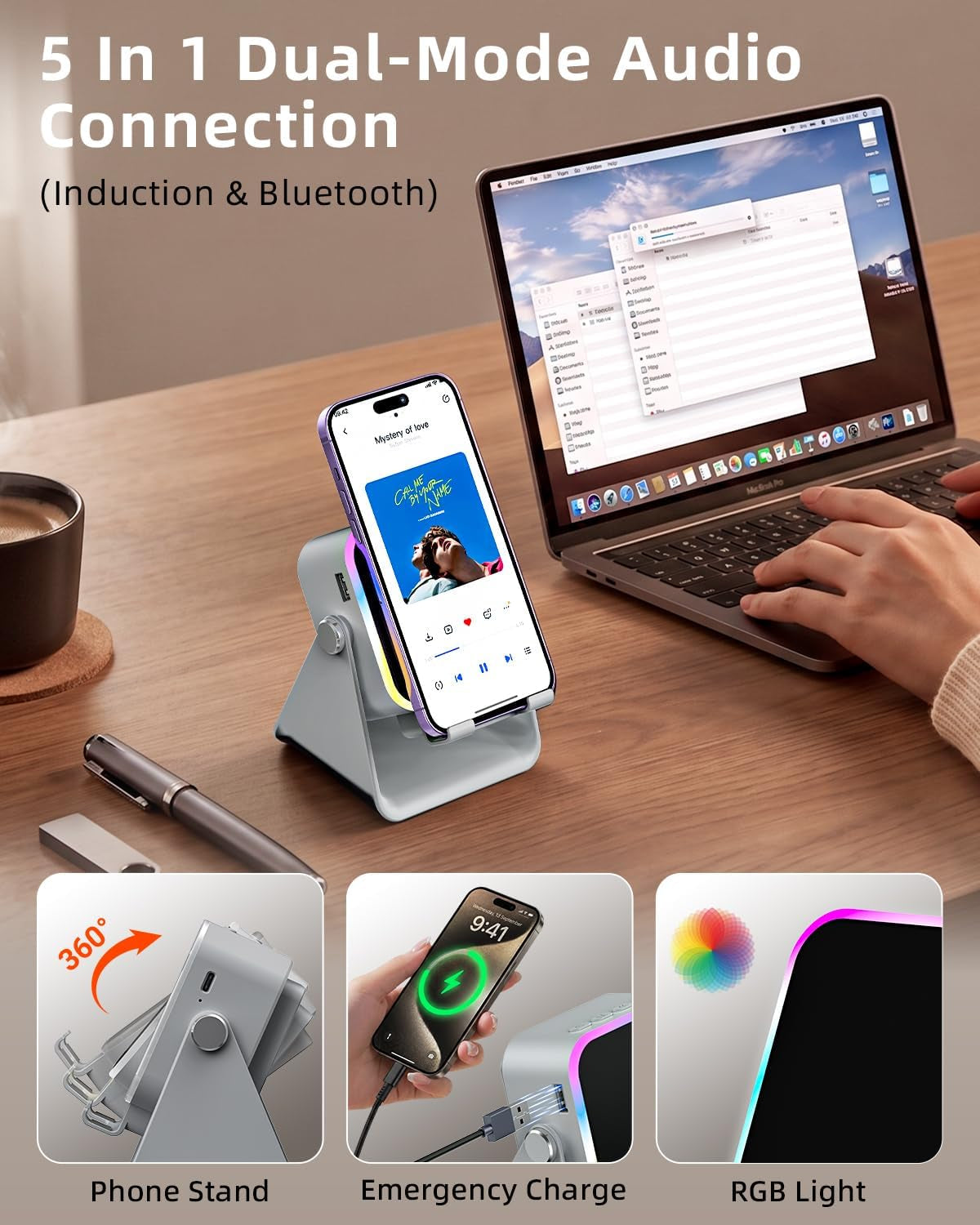5-in-1 Bluetooth Speaker with Phone Stand, Charger and RGB Light