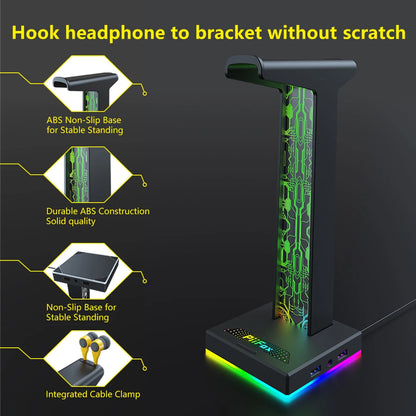 RGB Gaming Headphone Stand - 10 Lighting Modes with USB Ports
