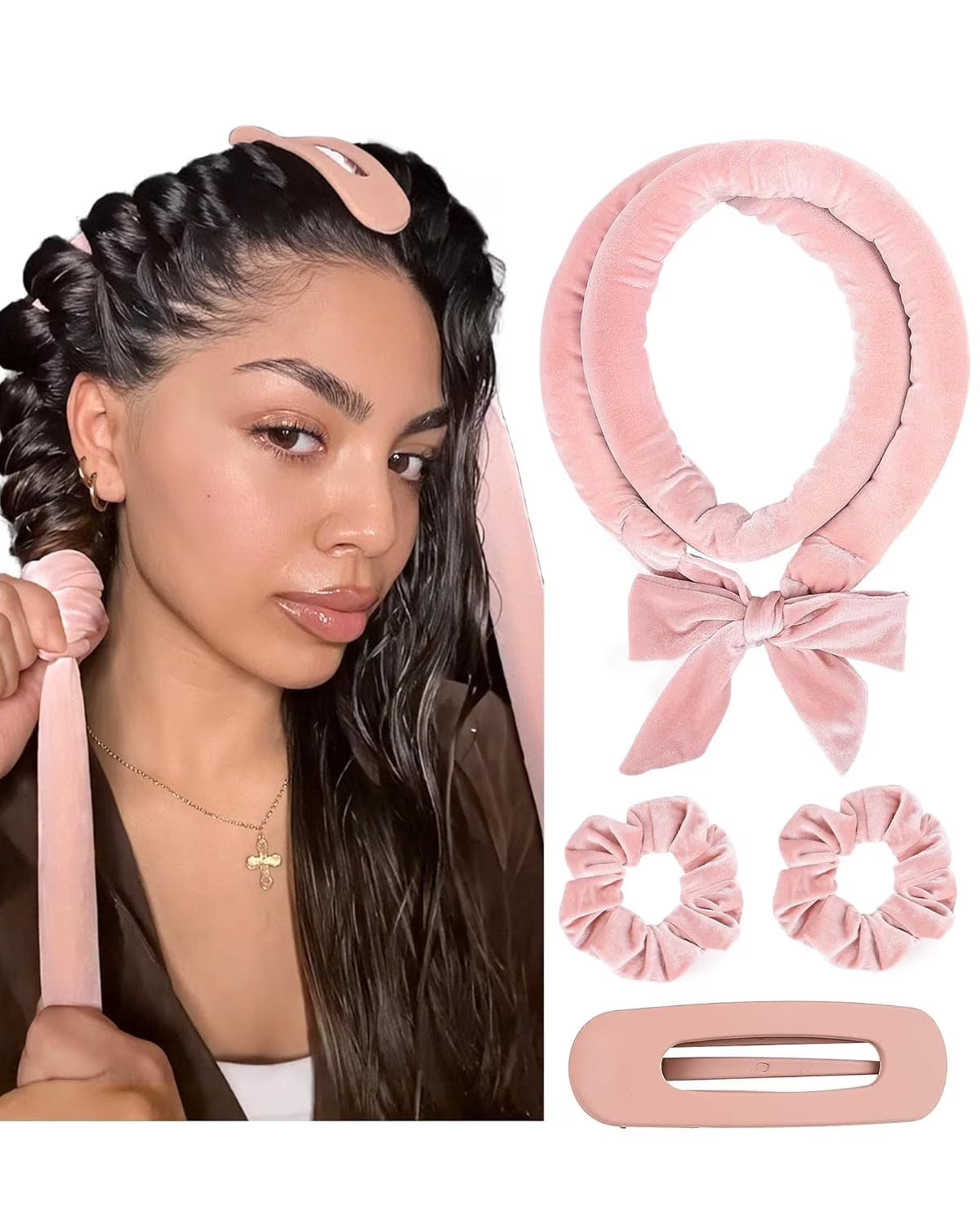 Heatless Hair Curler Set - Soft Ribbon Wrap with Scrunchies and Clip
