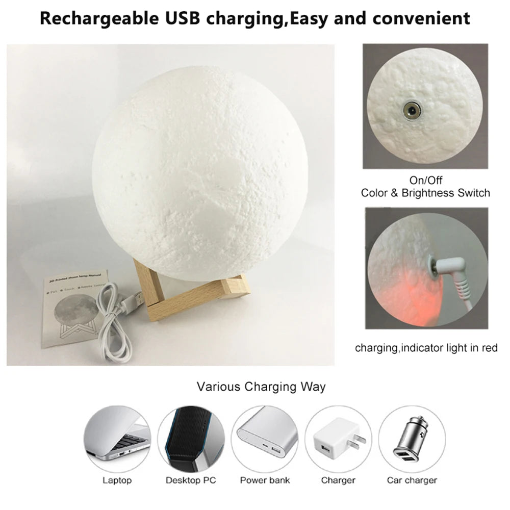 3D Moon Lamp – Touch Color-Changing, USB Rechargeable