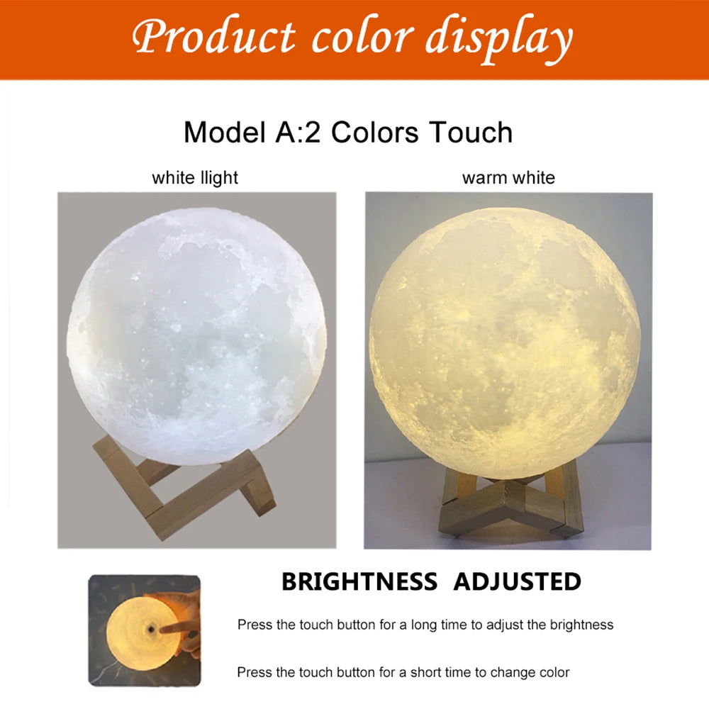 3D Moon Lamp – Touch Color-Changing, USB Rechargeable