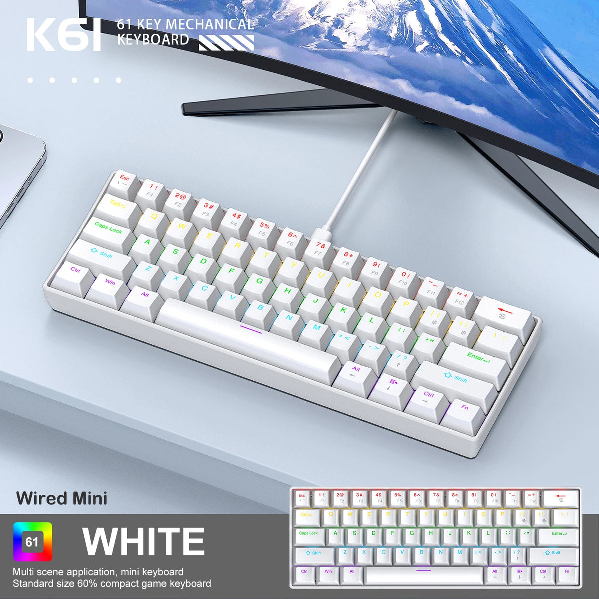 60% Hot-Swap RGB Mechanical Keyboard (61 Keys, Wired)