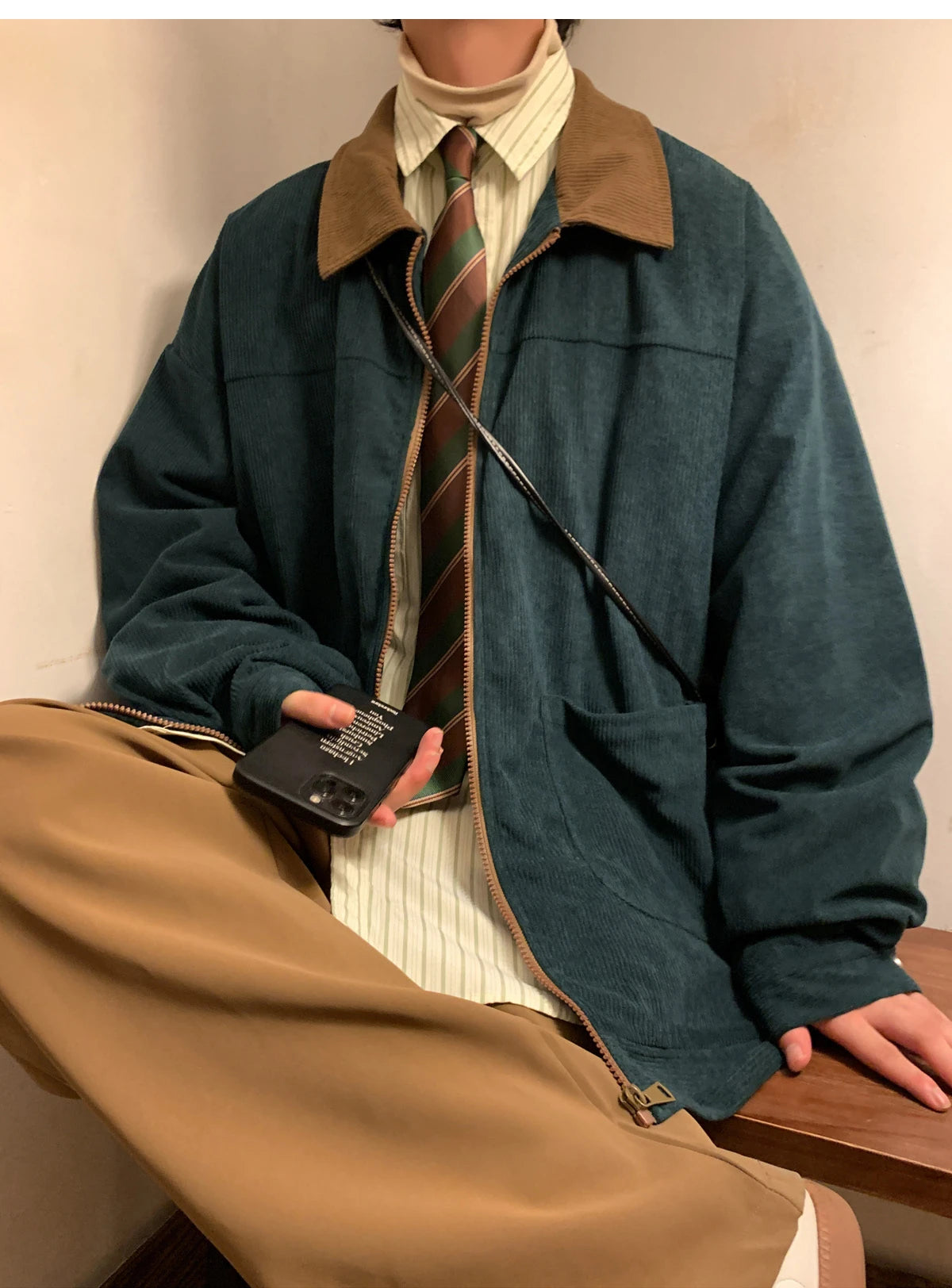 Corduroy Collar Vintage Work Jacket (Dark Green)
