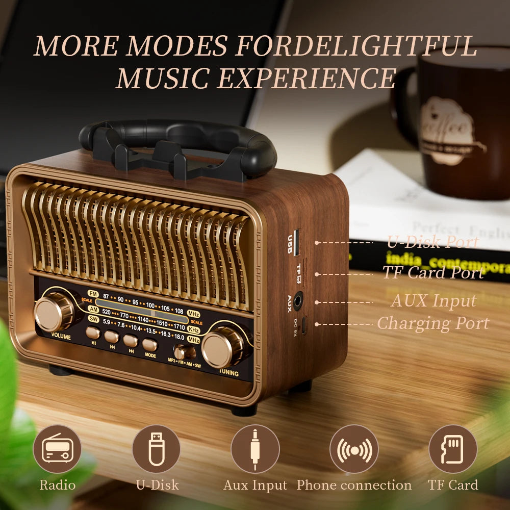 Retro Wood-Look Radio Bluetooth Speaker