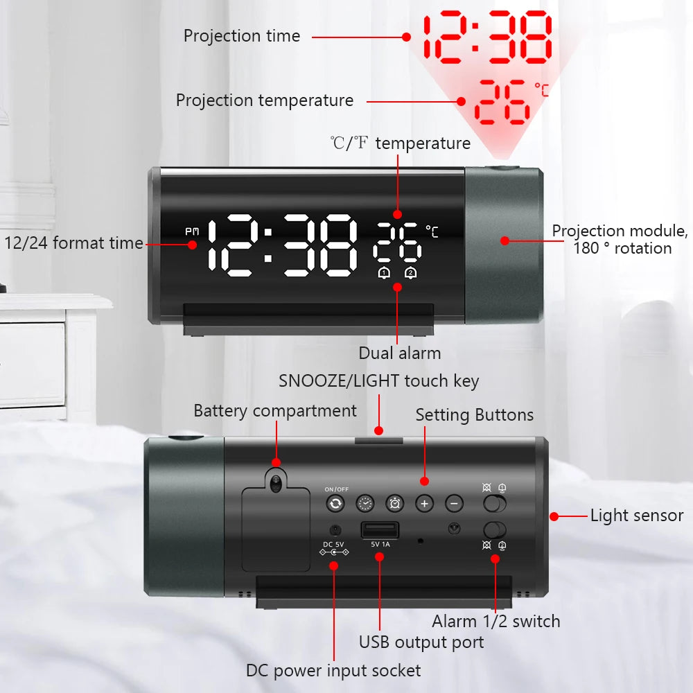 Ceiling Projection Alarm Clock (180° Rotating Projector)