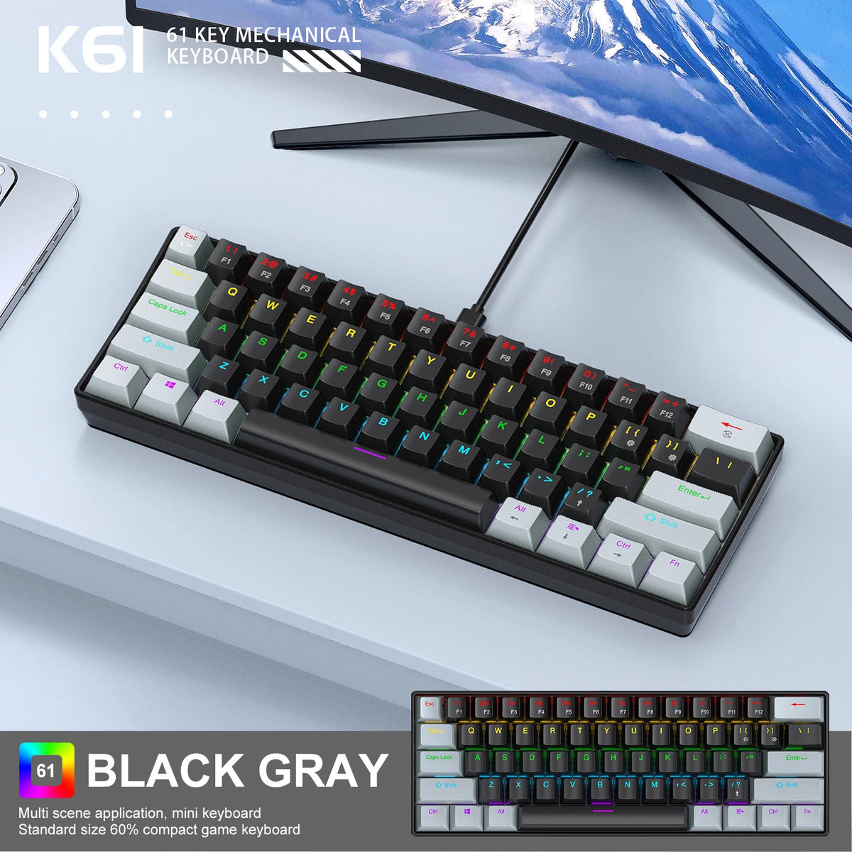 60% Hot-Swap RGB Mechanical Keyboard (61 Keys, Wired)
