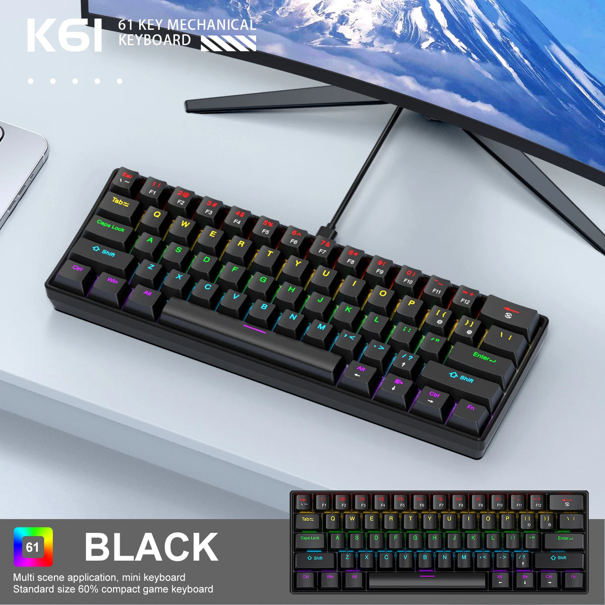 60% Hot-Swap RGB Mechanical Keyboard (61 Keys, Wired)