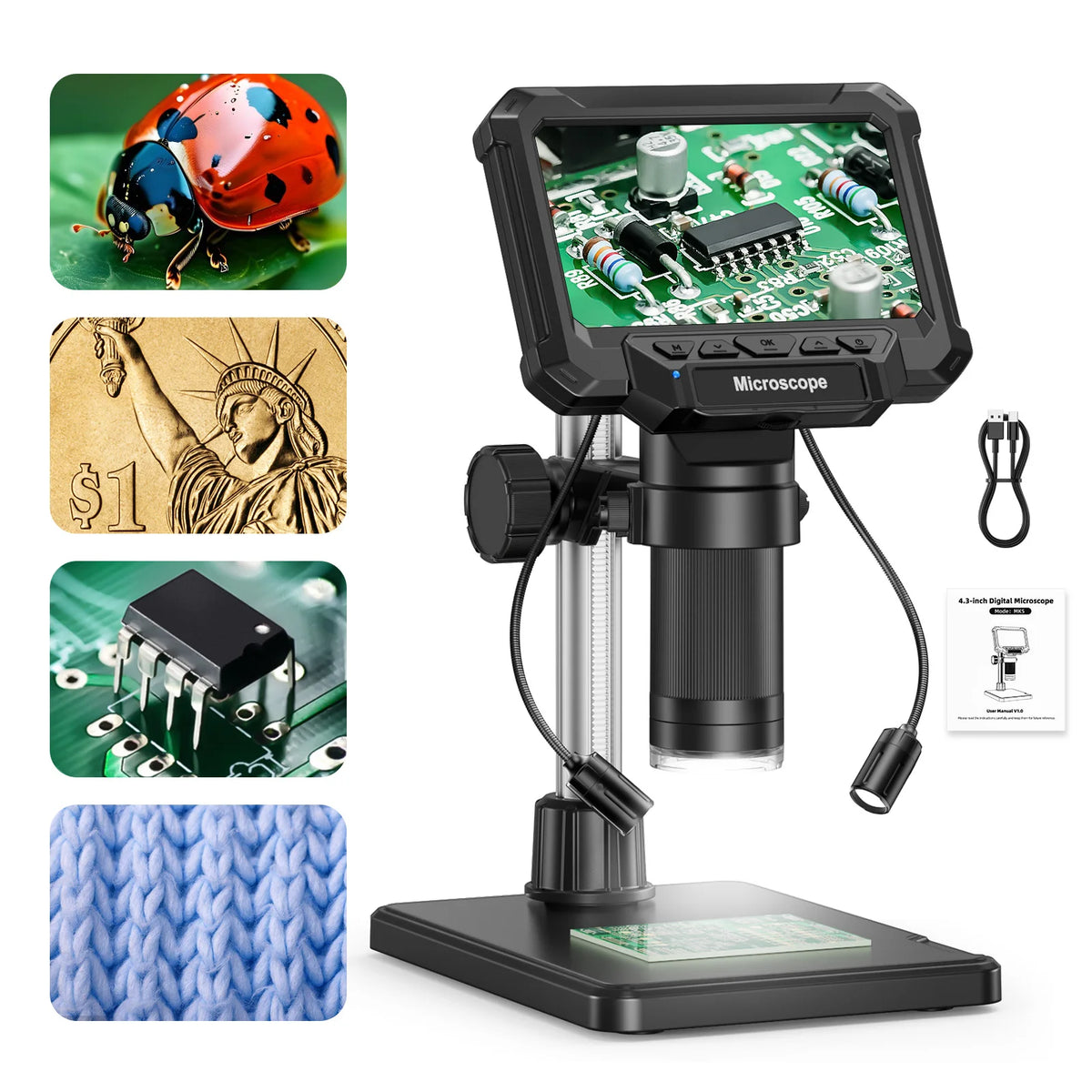 4.3-inch Screen Digital Microscope with LED Lights (Coins, Plants, Bugs, Electronics)