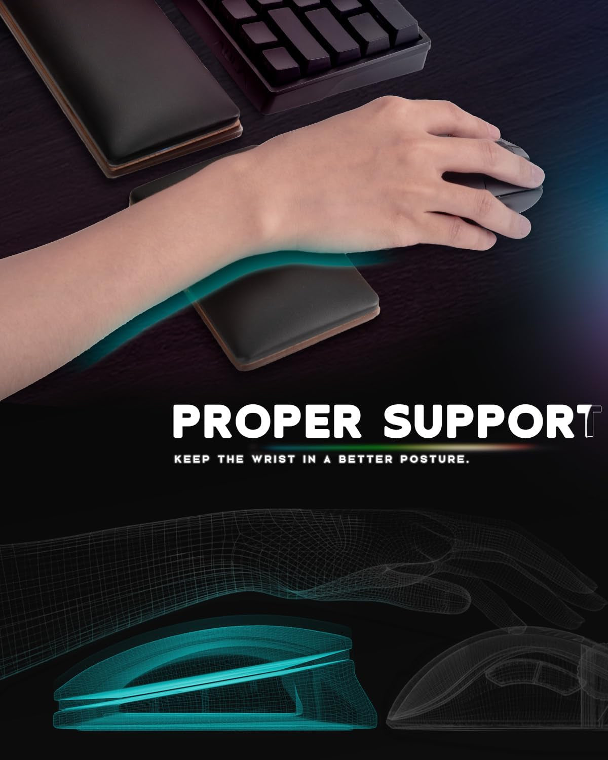 RGB Keyboard and Mouse Wrist Rest Set for 60%-75% Compact Keyboards