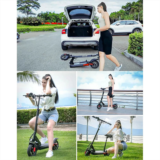 600W Adult Electric Scooter for Commuting Shopping, 48V Folding Electric Skateboard for Women Men with Seat & LED Headlight, 10" Tire