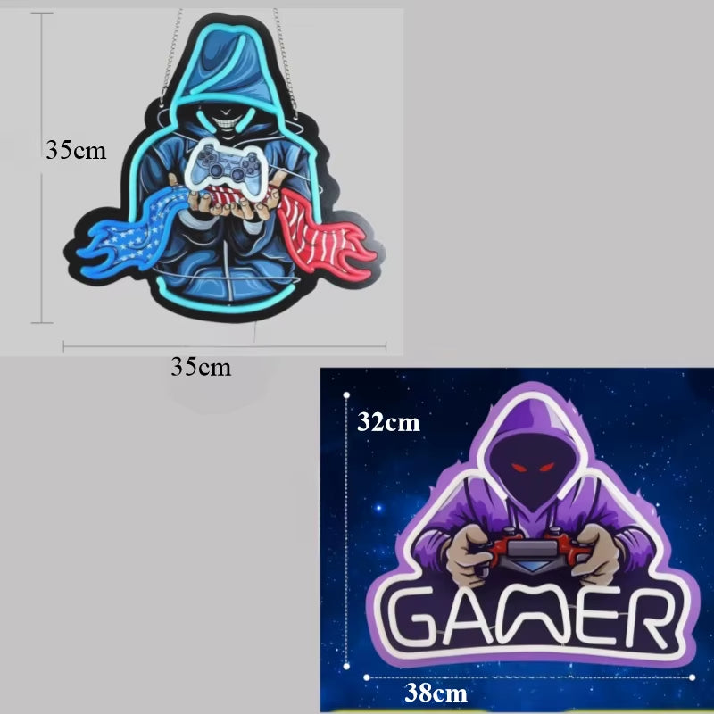 GAMER Neon Sign with Hooded-Player Art (LED, USB)