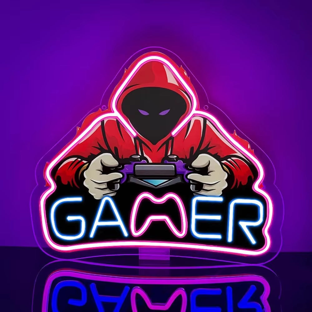 GAMER Neon Sign with Hooded-Player Art (LED, USB)