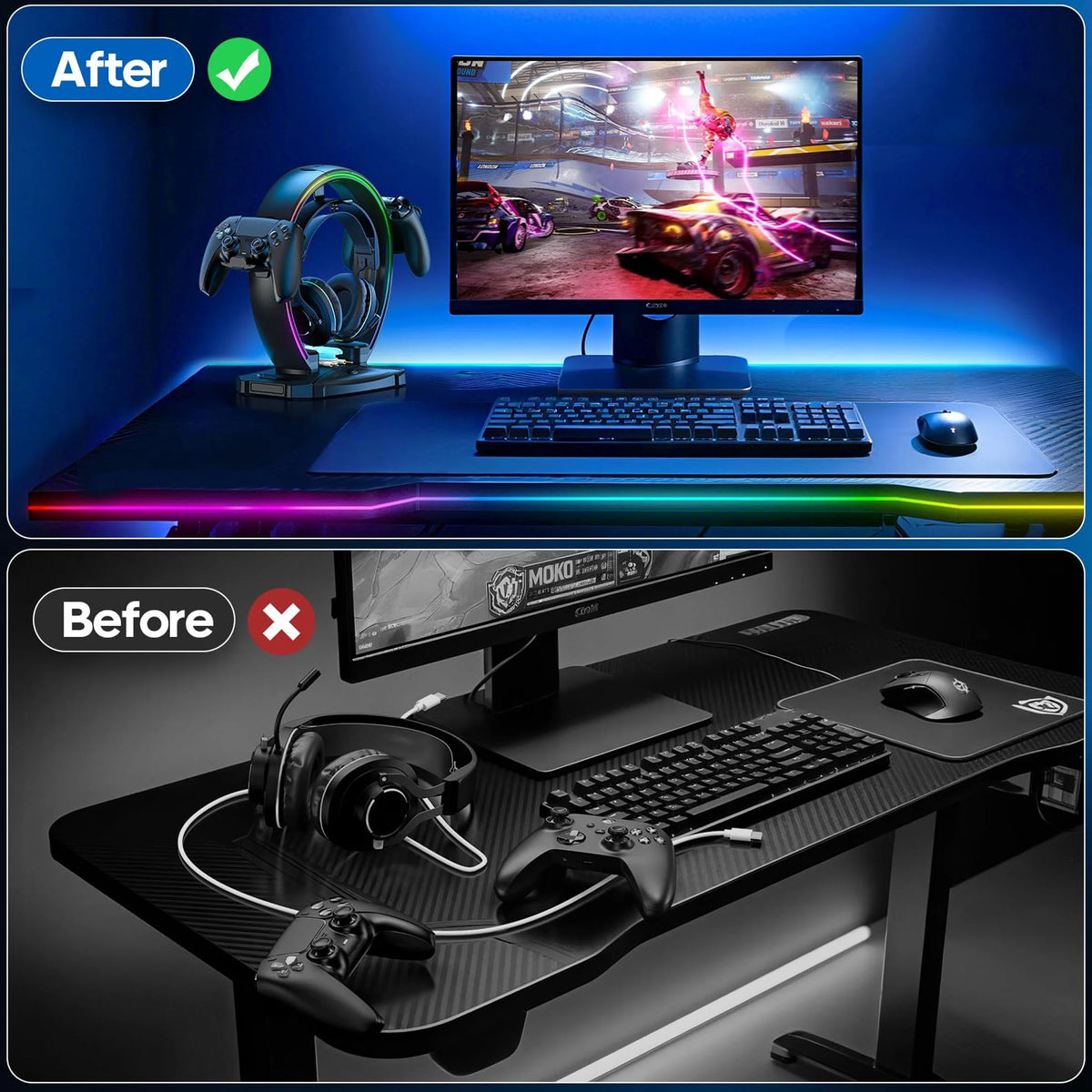 RGB Gaming Headphone Stand and Controller Holder with Cable Organizer