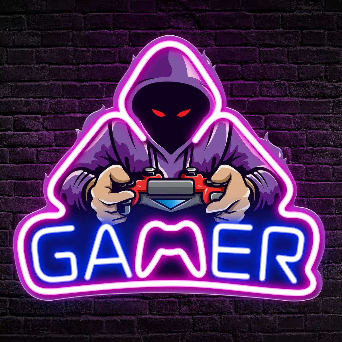 GAMER Neon Sign with Hooded-Player Art (LED, USB)