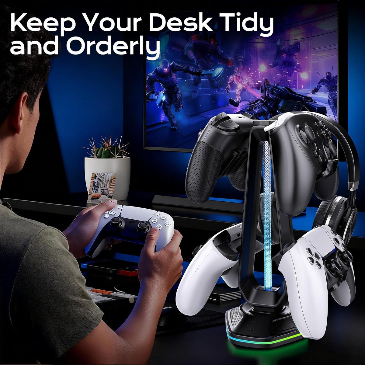 RGB Headset Stand with USB Charging Ports & Controller Hook