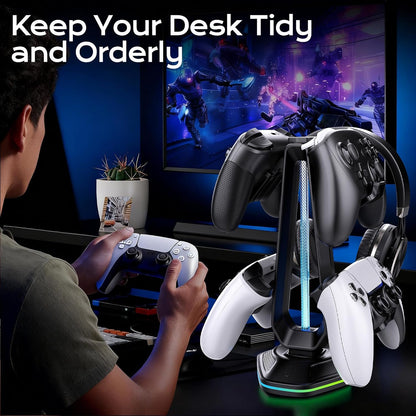 RGB Headset Stand with USB Charging Ports & Controller Hook