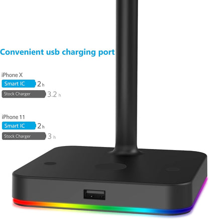 RGB Headphone Stand with 10W Wireless Charger and QC 3.0 USB Port