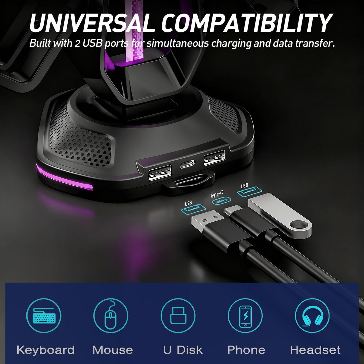 RGB Headset Stand with USB Charging Ports & Controller Hook