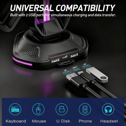 RGB Headset Stand with USB Charging Ports & Controller Hook
