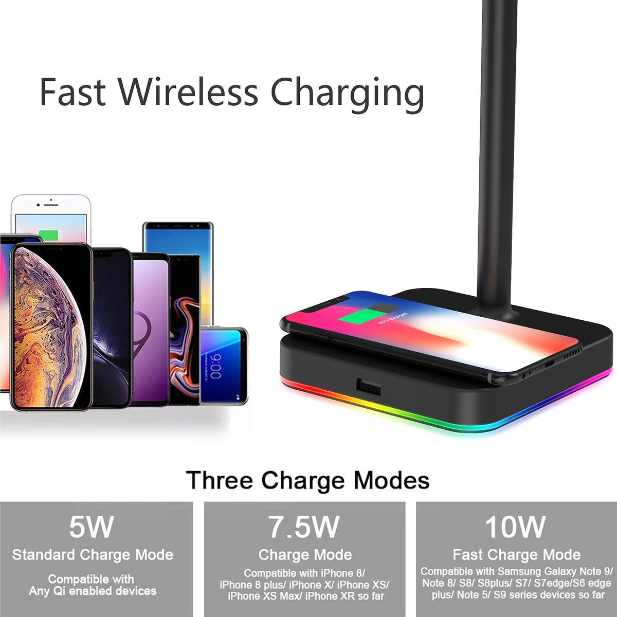 RGB Headphone Stand with 10W Wireless Charger and QC 3.0 USB Port