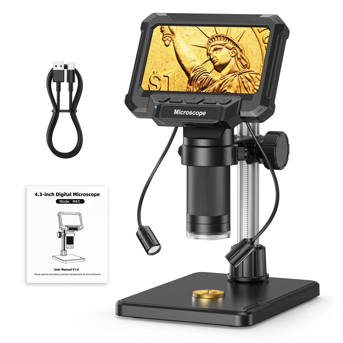 4.3-inch Screen Digital Microscope with LED Lights (Coins, Plants, Bugs, Electronics)